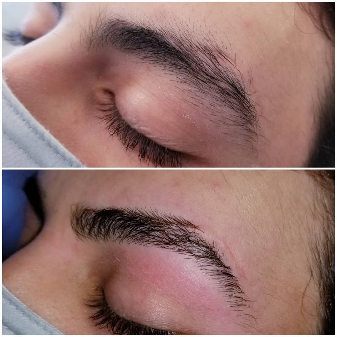 A woman with her eyes closed and then she has just had the brows done.
